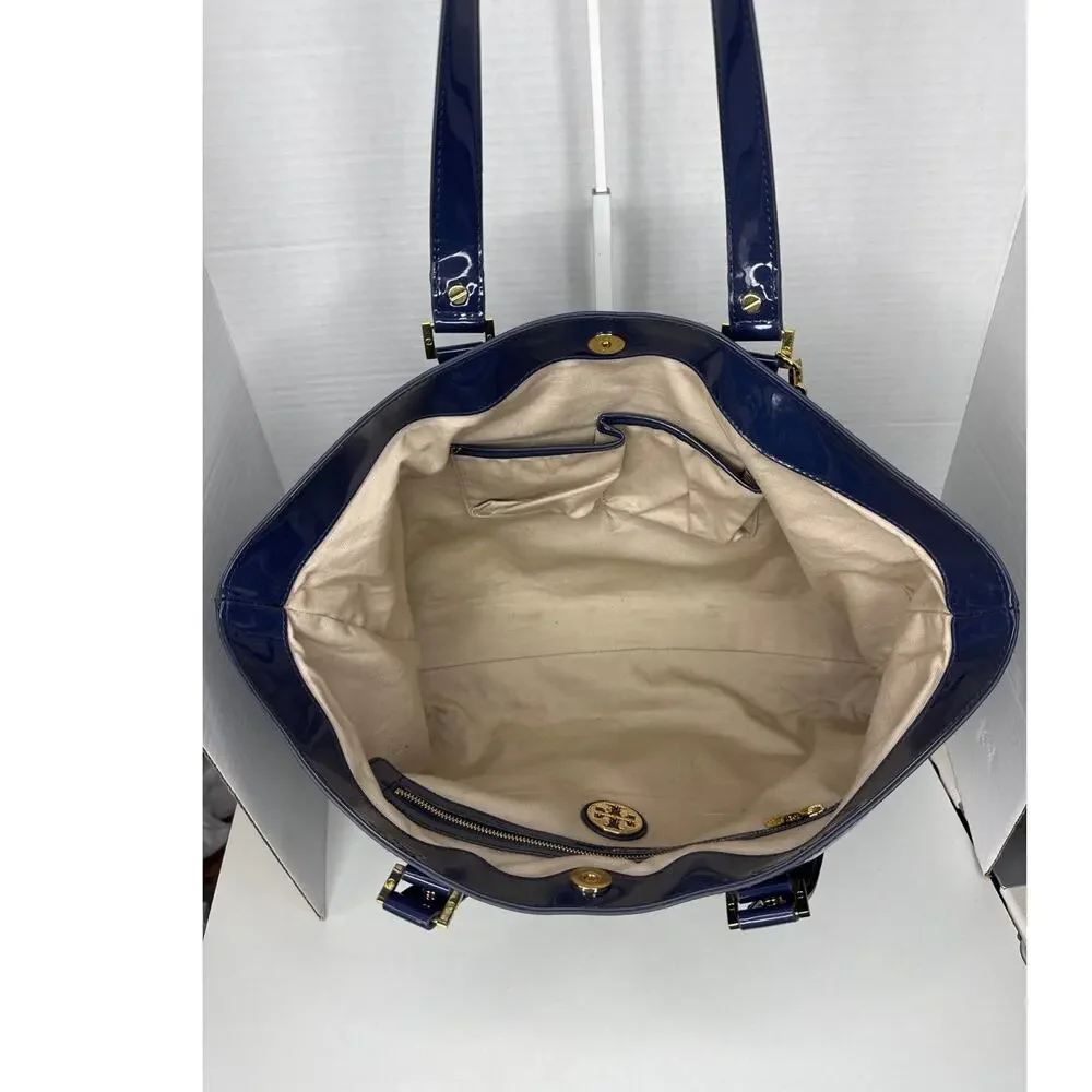 Tory Burch Canvas Jane Tote navy patient leather Shoulder Bag